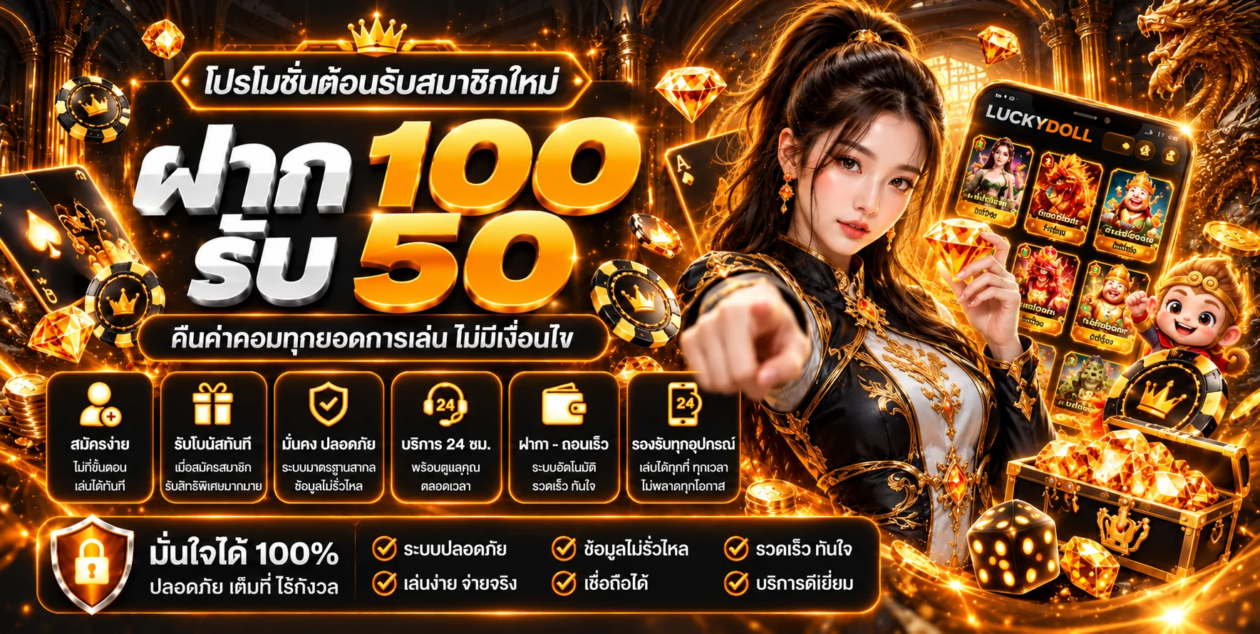 ภาพ LUCKYDOLL สล็อตและโปรโมชั่นสมาชิกใหม่โทนส้ม
